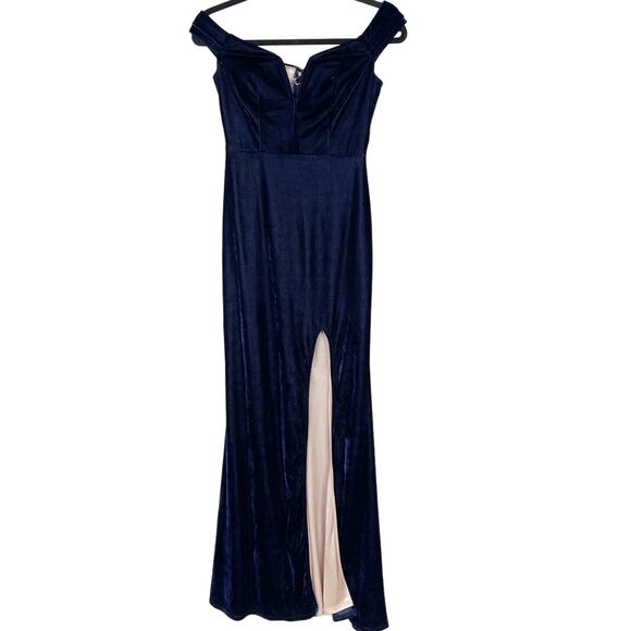 City Studios Juniors Size 5 Blue Velvet Off The Shoulder Gown Dress Split V Neck - Picture 1 of 14